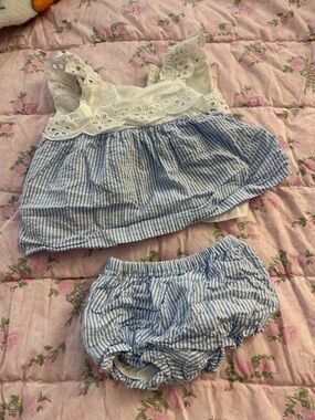 Janie and Jack White Eyelet Top with Blue Stripe Bloomers